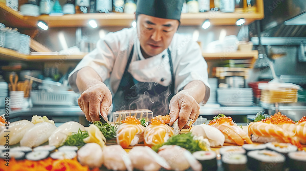 Skilled Chef Preparing Fresh Sushi in Authentic Japanese Restaurant Bustling Kitchen Background Skilled Chef Preparing Fresh Sushi in Authentic Japanese Restaurant Bustling Kitchen Background