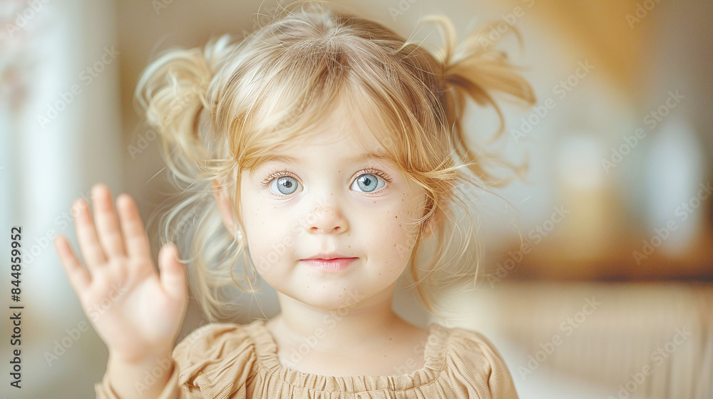 Blonde Toddler with Blue Eyes and Freckles Waving Greeting Indoors High-Quality Portrait Blonde Toddler with Blue Eyes and Freckles Waving Greeting Indoors High-Quality Portrait