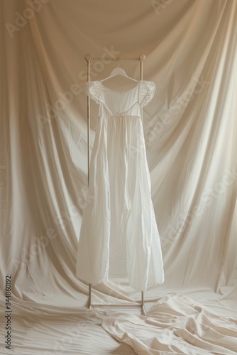 White dress hanging inside the beige room. Vertical orientation. Stunning white silk dress