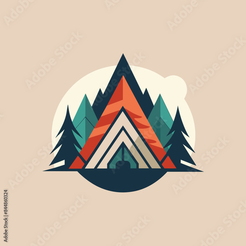 A simple, stylized logo of a tent pitched in a forest with mountains, A minimalist logo of a tent pitched in the wilderness