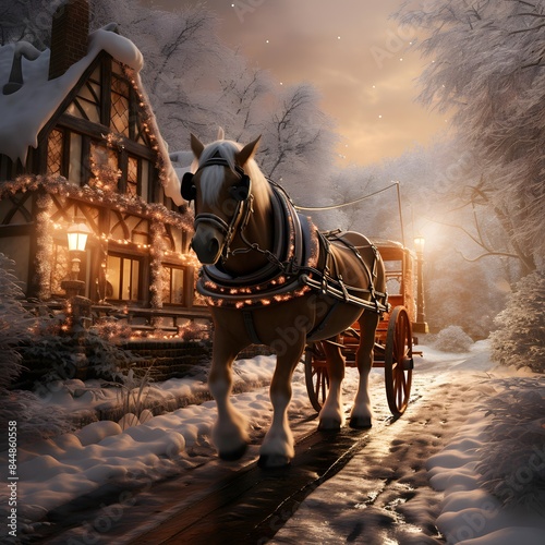 Horse with a carriage on the background of the winter landscape.