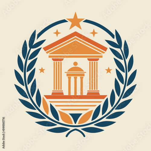 Modern Minimalist Logo Featuring A Classical Temple Surrounded By A Laurel Wreath, A minimalist logo with a subtle nod to art history, using timeless design elements
