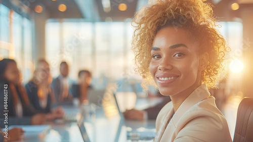 Smiling Businesswoman in Beige Suit at Conference Table During a Sunset Meeting in Modern Office