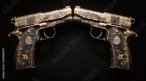 Two Ornate Antique Pistols with Detailed Gold Engravings Facing Each Other on Black Background