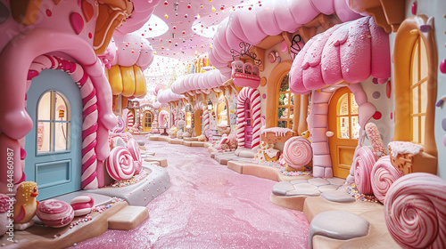 Gingerbread Candy Village Filled with Pink Sugar Decorations and Light Blue Doors in Fantasy Setting