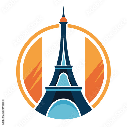 A simple, stylized illustration of the Eiffel Tower, set within a circular frame with a sunrise-like background, A minimalist representation of the Eiffel Tower