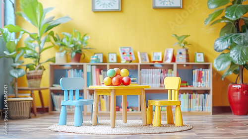 Bright Cheerful Classroom with Colorful Chairs and Table Decorated with Plants and Bookshelves