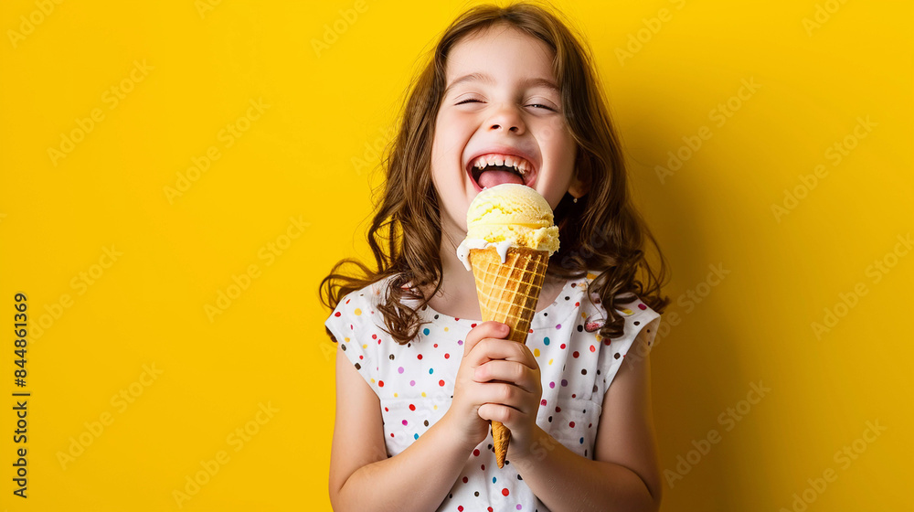 Cute caucasian girl licking ice cream and laughing Cute caucasian girl licking ice cream and laughing