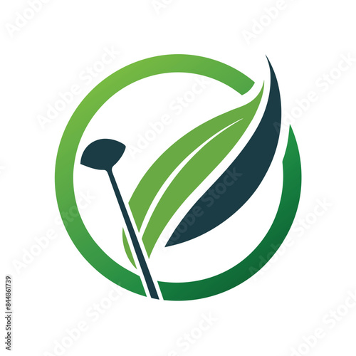 A minimalist logo design featuring a golf club inside a green circle with a leaf, A modern depiction of a golf club