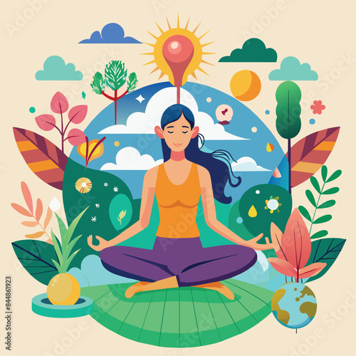 A woman meditates in a peaceful nature setting, symbolizing interconnectedness between the individual and the environment, A modern interpretation of the interconnectedness of yoga and nature