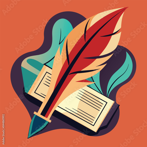 A stylized quill pen rests on an open book, against an orange background, A modern representation of a stylized quill pen for a literary news publication