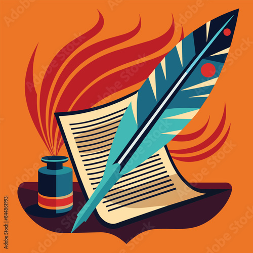 A modern stylized quill pen rests atop a manuscript, with an inkwell beside it, A modern representation of a stylized quill pen for a literary news publication