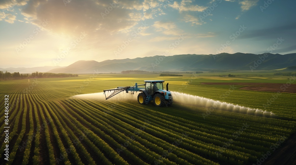 Fototapeta premium Tractor spraying crops at sunset on a vast farm field.