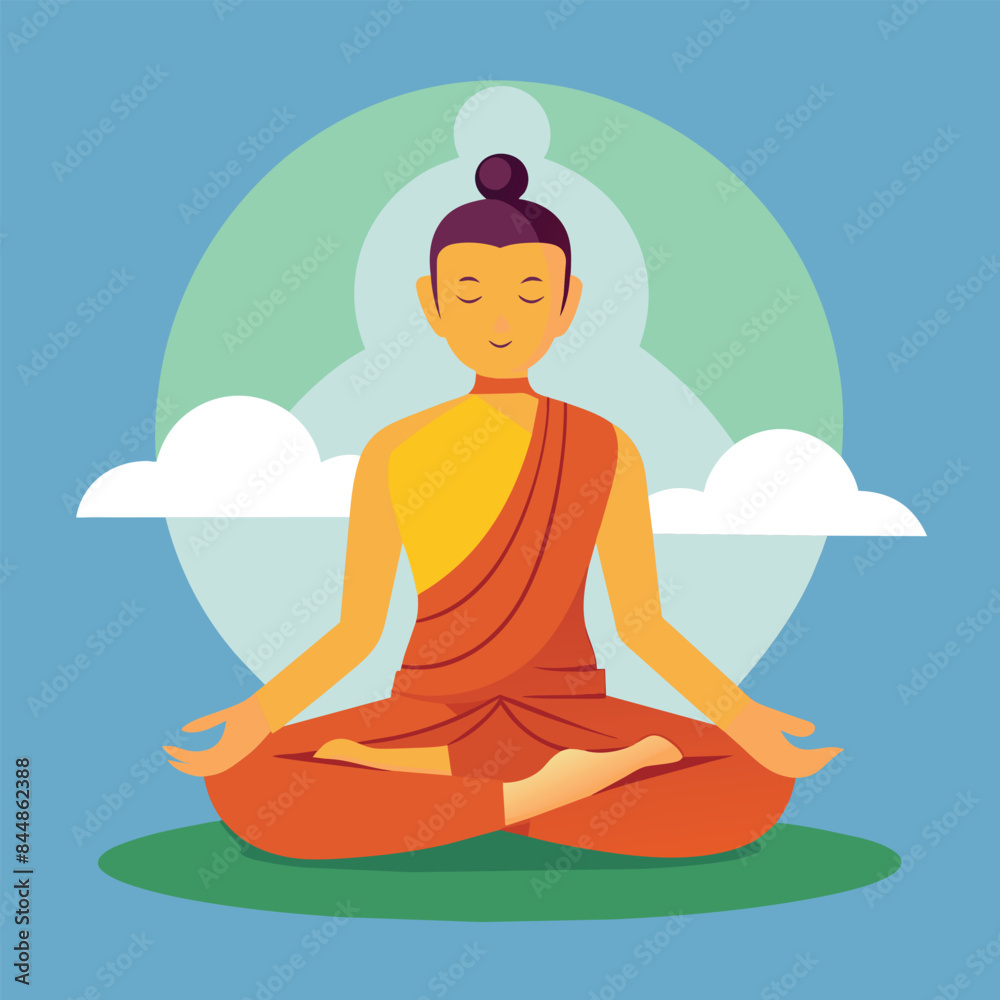 A cartoon illustration of a serene Buddha figure meditating peacefully against a blue sky backdrop, A serene image of a meditating figure set against a clean, transparent background A cartoon illustration of a serene Buddha figure meditating peacefully against a blue sky backdrop, A serene image of a meditating figure set against a clean, transparent background