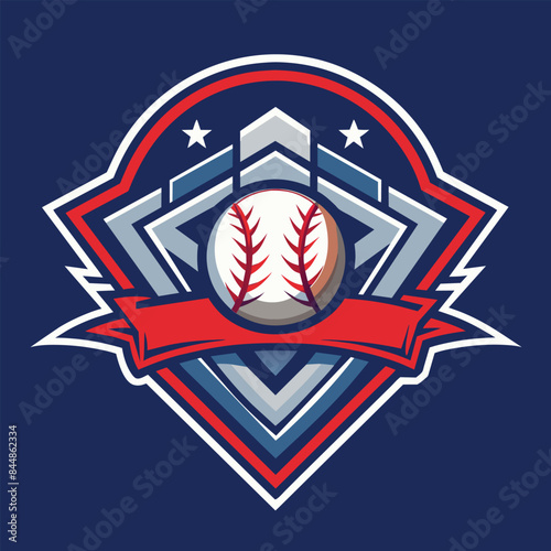 A graphic illustration of a baseball emblem featuring a red, white, and blue color scheme, a baseball, and stars, A refined mark that conveys the unity of a baseball team