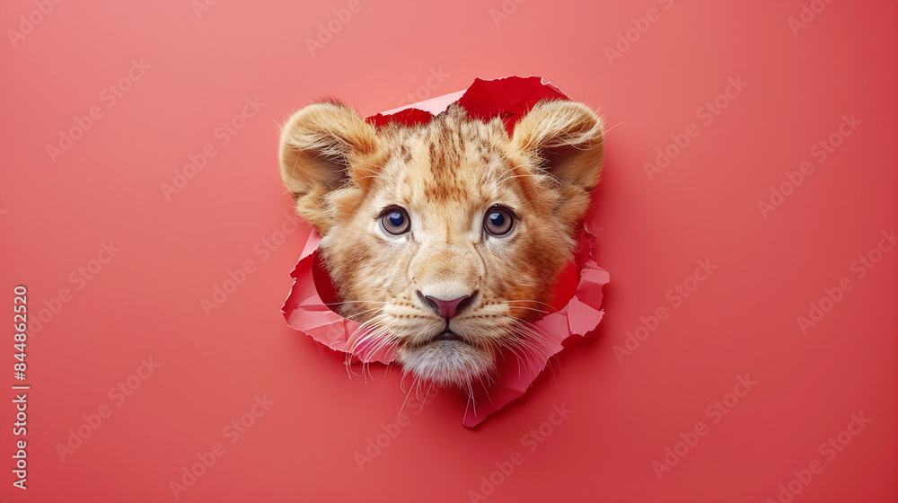 Curious Lion Cub Peeking Through Torn Red Paper Background Cute Wildlife Animal Portrait Curious Lion Cub Peeking Through Torn Red Paper Background Cute Wildlife Animal Portrait