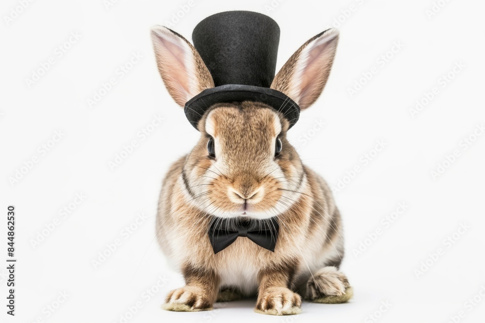 Fototapeta premium Charming photo capturing a stylish rabbit adorned with a classic black top hat and bowtie against a white background