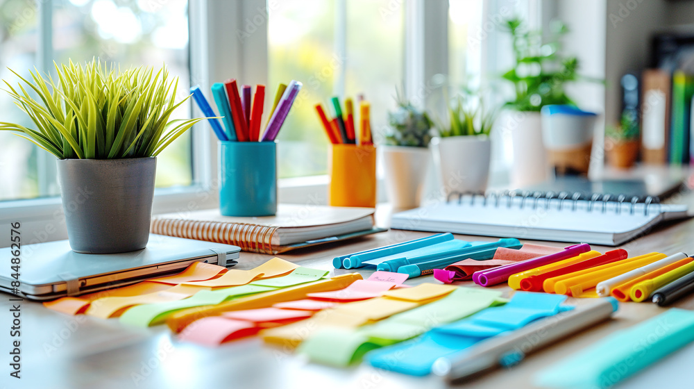 Obraz premium Colorful Post-Its and Stationery on Desk with Green Plants by Sunlit Window Office Workspace