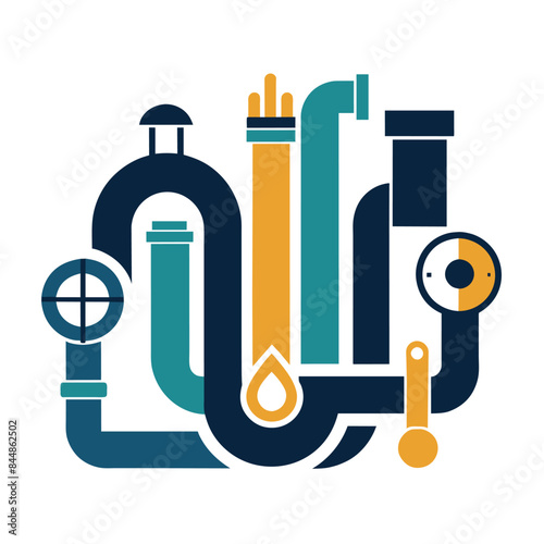 An illustration depicting a modern plumbing system with interconnected pipes and valves, A series of pipes and valves in a sleek, modern design