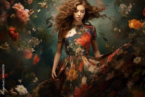 Ethereal floral dream: a surreal and enchanting themed photoshoot featuring a woman in a blooming floral dress. Creating a dreamy. Romantic and elegant portrait with flowing hair and a magical