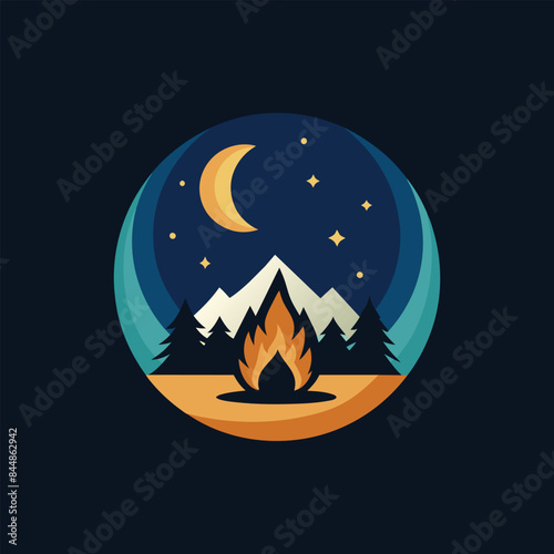A simple illustration of a campfire burning brightly against a backdrop of a starry night sky, a crescent moon, and a distant mountain range, A simple image of a campfire under a starry night sky