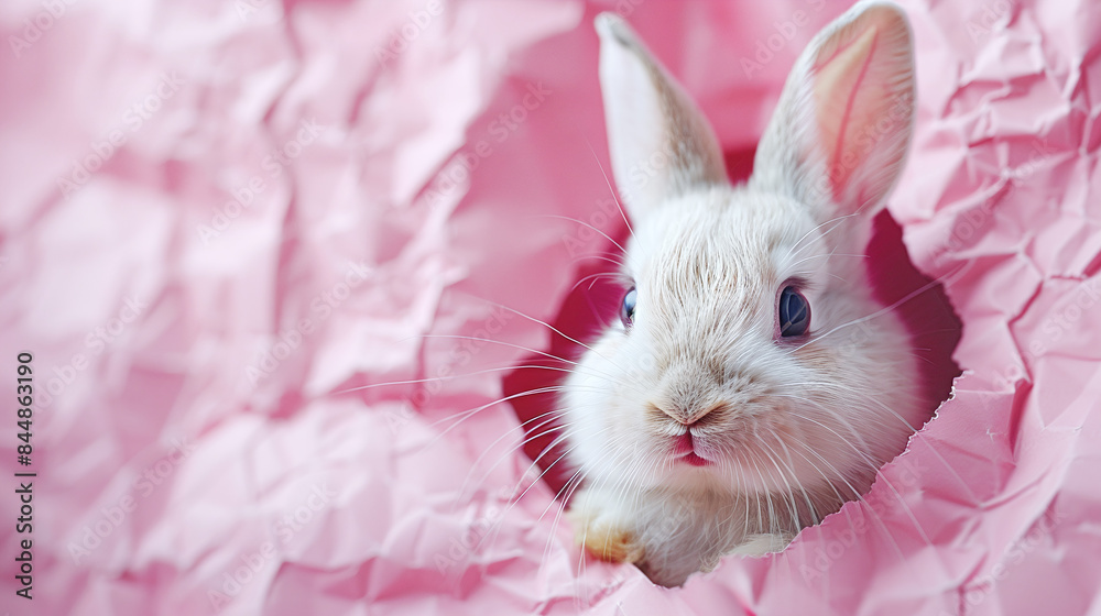 Adorable White Rabbit Peeking Through Torn Pink Paper Curiosity Playful Exploration Concept Adorable White Rabbit Peeking Through Torn Pink Paper Curiosity Playful Exploration Concept