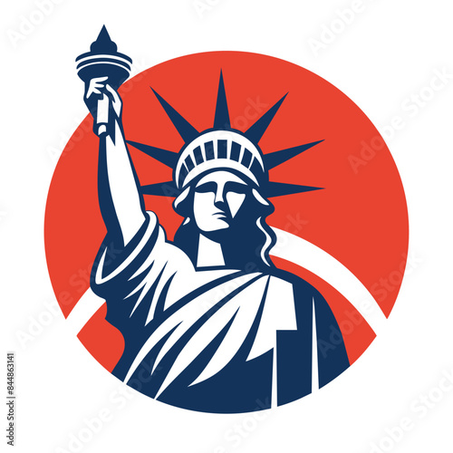 A stylized illustration of the Statue of Liberty, holding a torch, with a red background, A simplified version of the Statue of Liberty