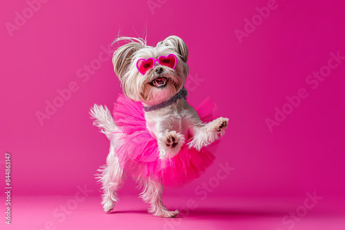 Joyful dog wearing heart shaped glasses and a pink tutu stands on hind legs against a vibrant pink background