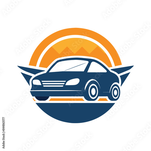 A stylized car logo featuring a blue silhouette of a car in front of a yellow sun with wings, A simplistic logo design with a subtle nod to the car rental industry