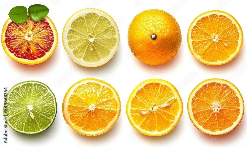 collection of organic natural full sliced citrus lemon, lime and orange fruit isolated on white png background with shadows, for online menu shopping list ready for any background, Generative AI