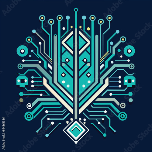 A minimalist digital art design featuring a circuit board with teal, beige, and white geometric patterns on a dark blue background, A sleek and minimalist design featuring circuit board patterns