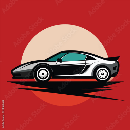 A stylized silhouette of a sleek black and silver sports car against a red sunset, A sleek and modern design featuring a car silhouette in a minimalist style