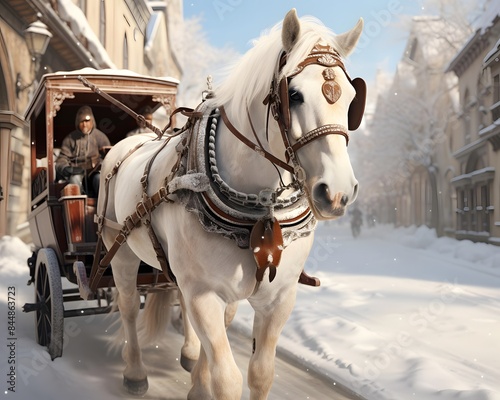 Horse-drawn carriages on the street in winter. 3d rendering © Iman
