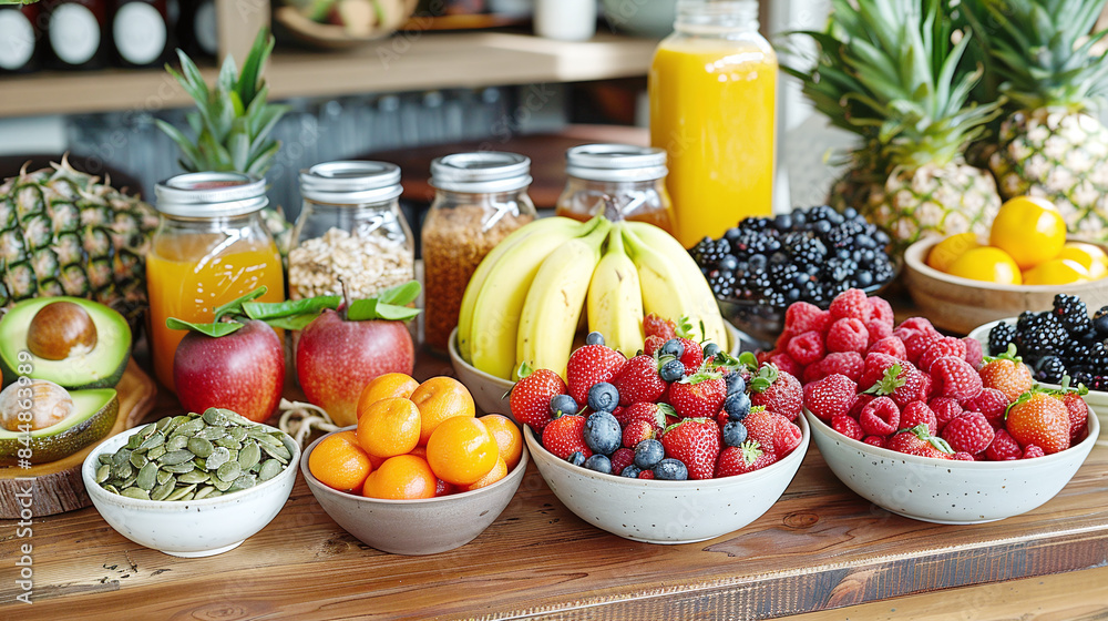 Assorted Fresh Fruits and Juices with Avocado and Nuts on Wooden Table Healthy Breakfast Spread Assorted Fresh Fruits and Juices with Avocado and Nuts on Wooden Table Healthy Breakfast Spread