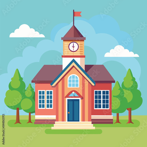 A sleek and modern illustration depicting a traditional school building with a clock tower and flag, A sleek and modern representation of a traditional schoolhouse