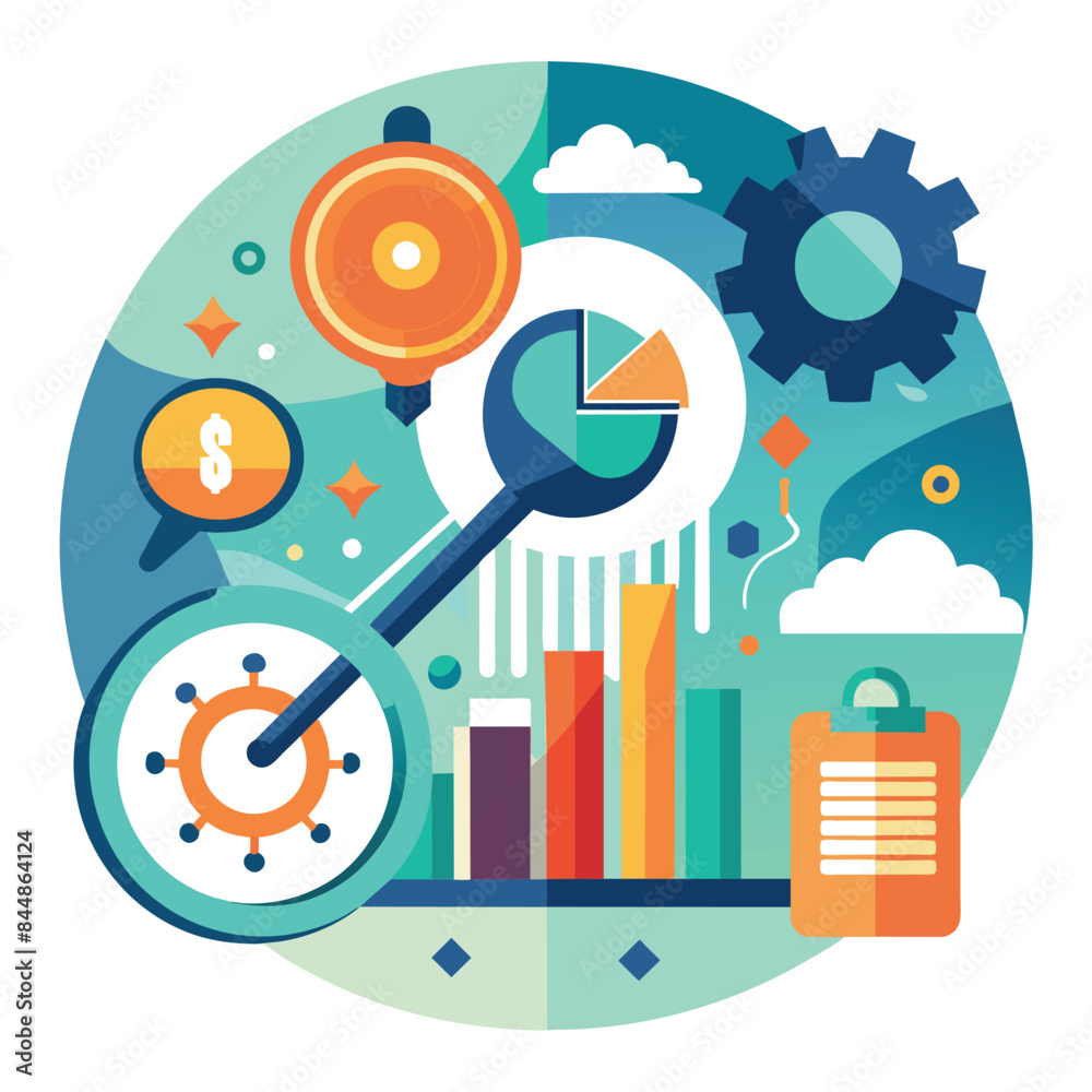 Fototapeta premium Abstract illustration featuring a key, clock, pie chart, bar graph, and dollar sign, A sleek design incorporating a key element related to financial planning and management