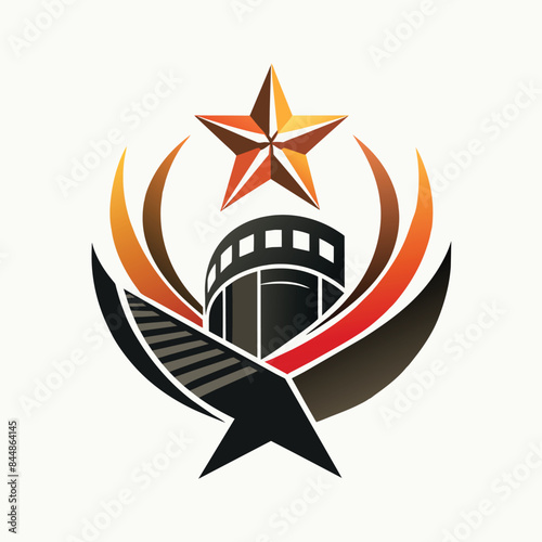 A sleek, stylized design featuring a film reel, two wings, and a star, symbolizing the essence of cinema, A sleek design symbolizing the essence of cinema