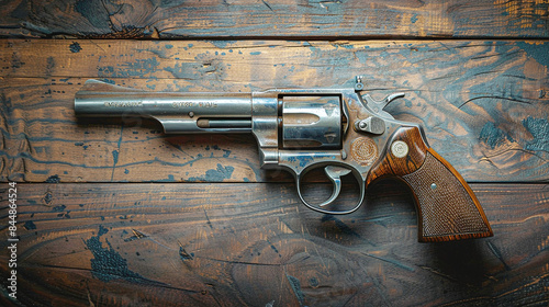 Vintage Silver Revolver on Rustic Wooden Table Closeup Detailed Weapon Dark Brown