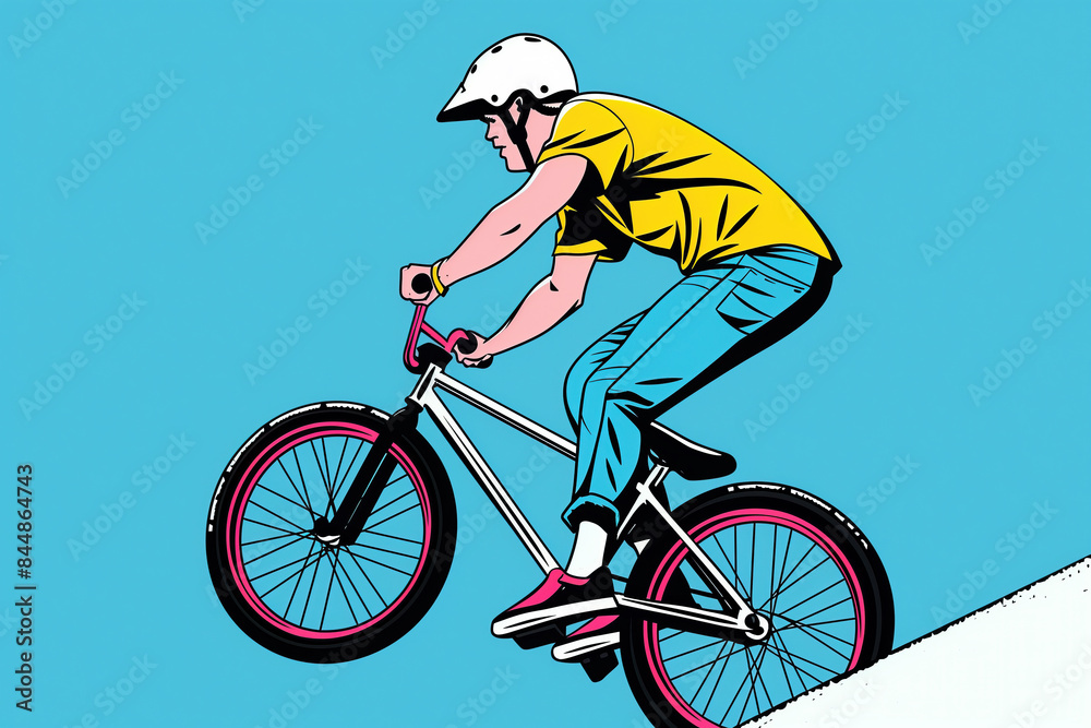 Fototapeta premium A stylized illustration of a BMX rider performing a trick on a ramp, with a pop art style aesthetic