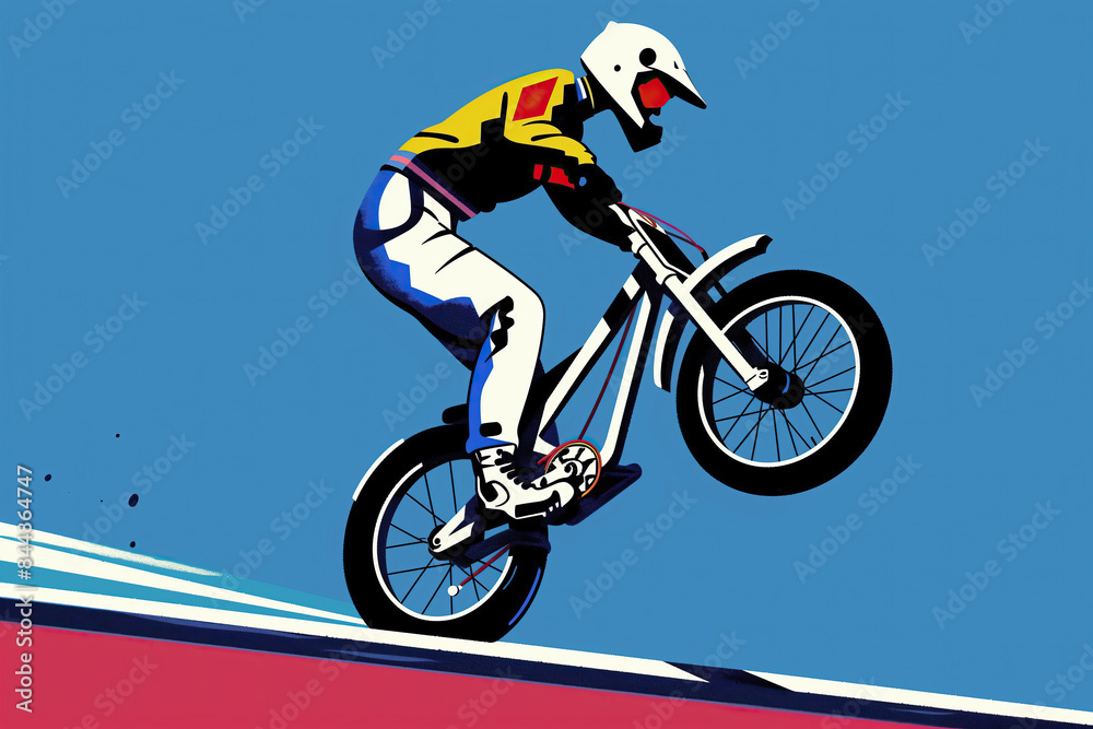 Obraz premium A stylized illustration of a cyclist performing a wheelie while racing during the Olympic Games