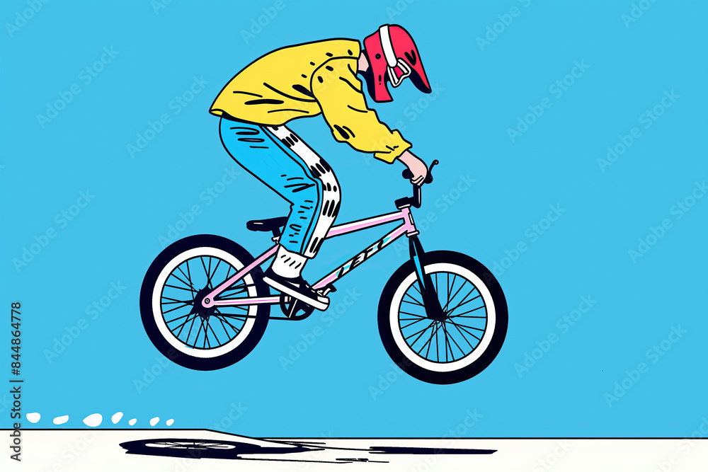 A cartoon illustration of a BMX rider mid-air during a competition. The rider is wearing a helmet and a yellow jacket A cartoon illustration of a BMX rider mid-air during a competition. The rider is wearing a helmet and a yellow jacket