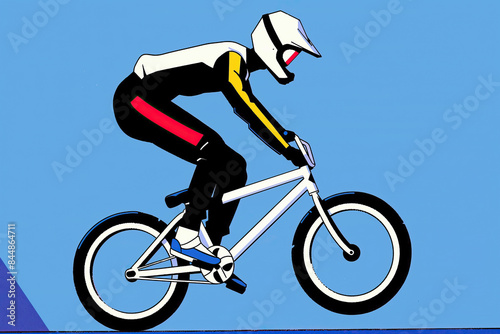 A stylized illustration of a BMX cyclist wearing a helmet and racing down a track © Nedrofly