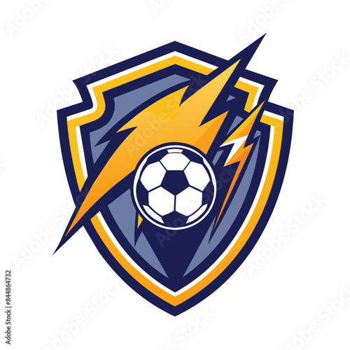 A sleek modern logo featuring a soccer ball in the center, surrounded by a bold yellow lightning bolt and a blue shield, A sleek, modern mark that conveys the energy of a soccer team