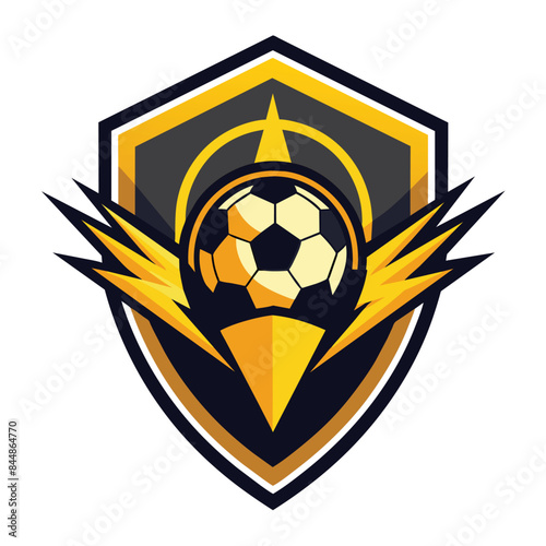 A bold soccer logo featuring a soccer ball, shield, and lightning bolts, A sleek, modern mark that conveys the energy of a soccer team