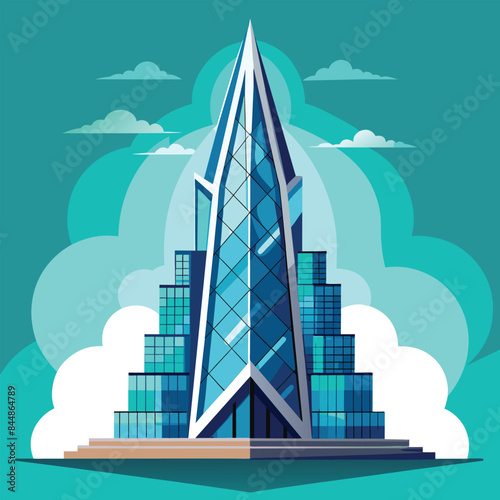 A sleek modern skyscraper with a geometric design stands tall against a backdrop of clouds, A sleek, modern skyscraper design with geometric shapes and clean lines