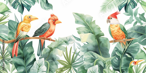 A Symphony of Colors: Watercolor Illustration Capturing the Vibrant Plumage of Exotic Birds in a Tropical Oasis  © Kafka