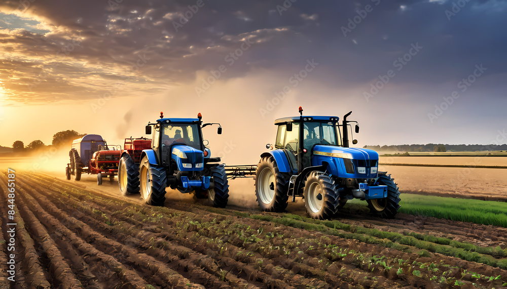 Obraz premium Tractor plowing field with another one behind