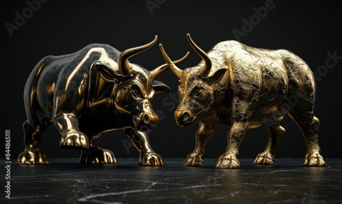 bull and bear bitcoin market in gold and black color with copyspace area  Generative AI