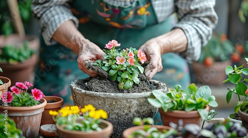 Elderly Hands Planting Colorful Flowers in Garden with Potted Plants in Background
