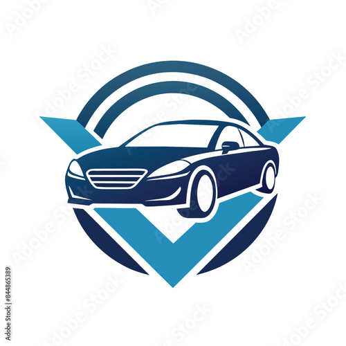 A blue car logo featuring a check mark and circle on a white background, A subtle nod to the business of selling cars